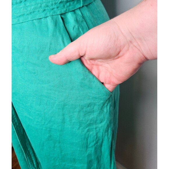 NICOLE MILLER 100% Linen Dress 6 Kelly Green Pockets V Neck Sleeveless Belted - Picture 3 of 8